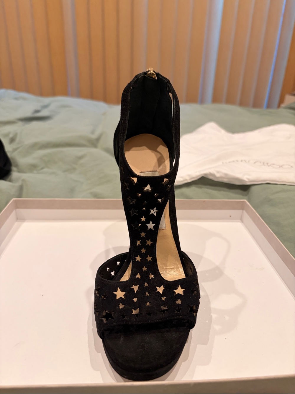 Jimmy Choo Black Star Cutout Suede T-Strap Stilettos - Picture 5 of 16
